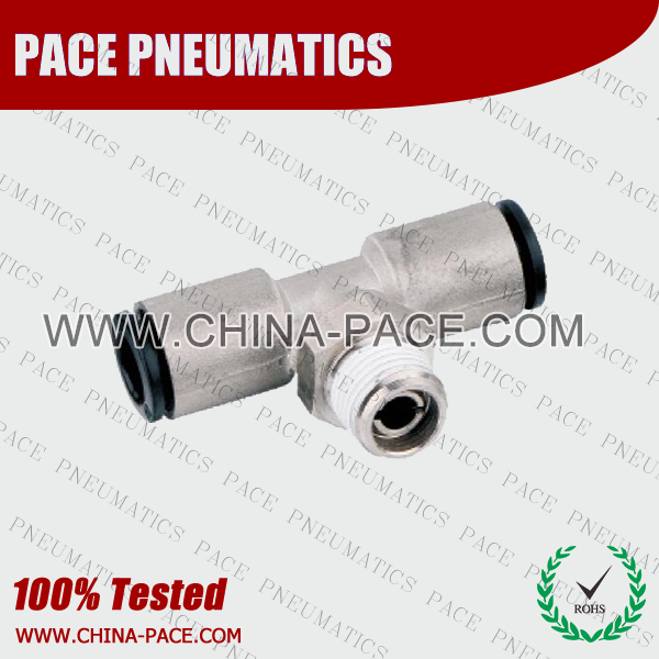 Brass Body Plastic Sleeve Male Branch Tee Push in Fittings, Nickel Plated Brass Push In fittings, Brass Pneumatic Fittings With Plastic Sleeve, Nickel Plated Brass Air Fittings, Nickel Plated Brass Push To Connect Fittings